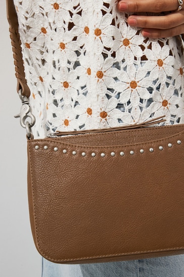 Tan Brown Leather Studded Cross-Body Bag