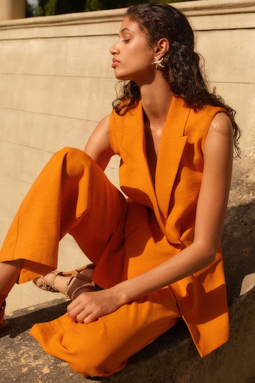 Orange Sleeveless Asymmetric Tailored Blazer