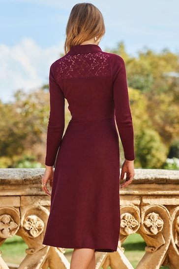 Sosandar Red Knit Fit and Flare Dress With Lace Detail