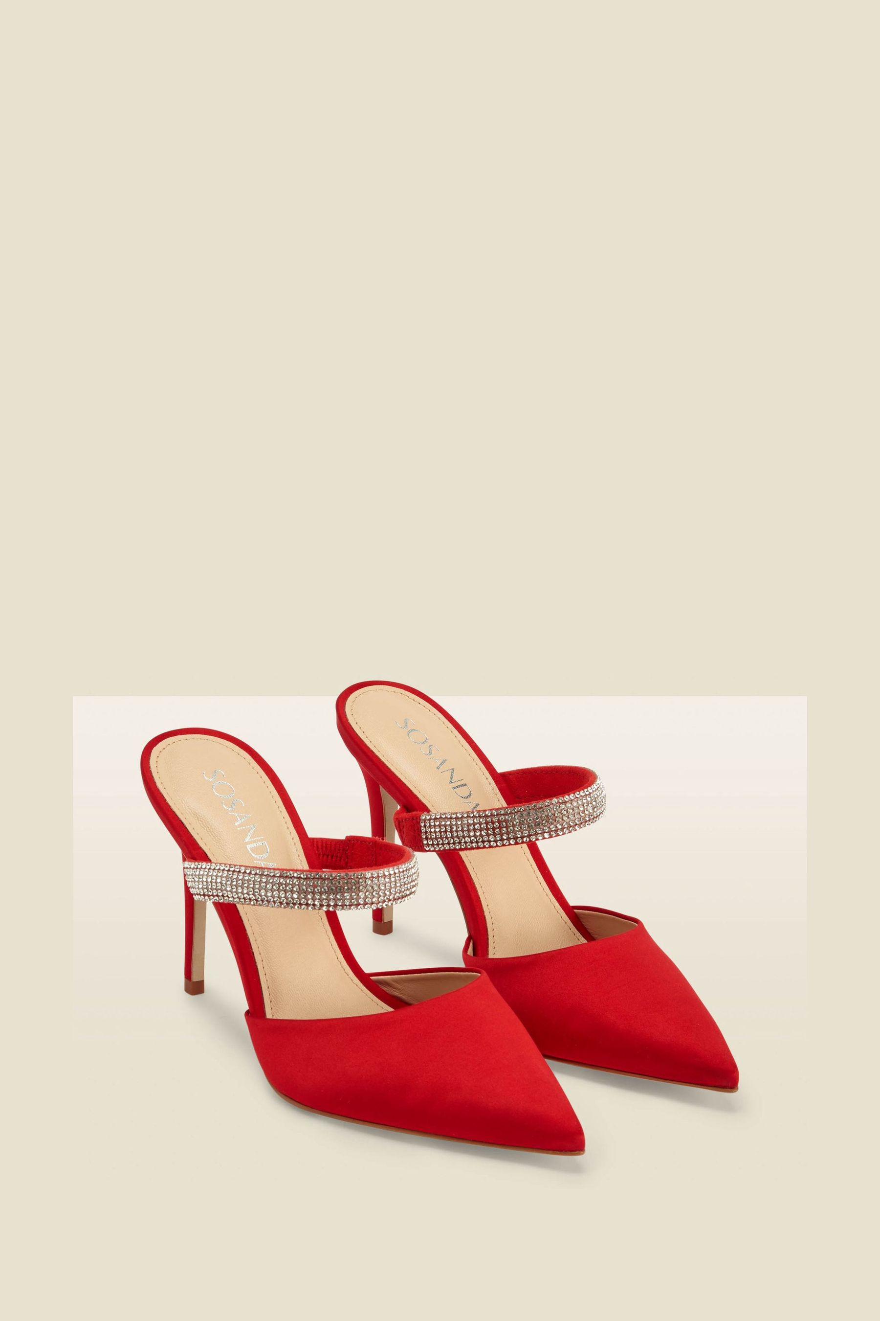 Buy Sosandar Red Sofia Satin Diamante Strap Pointed Toe Mules from