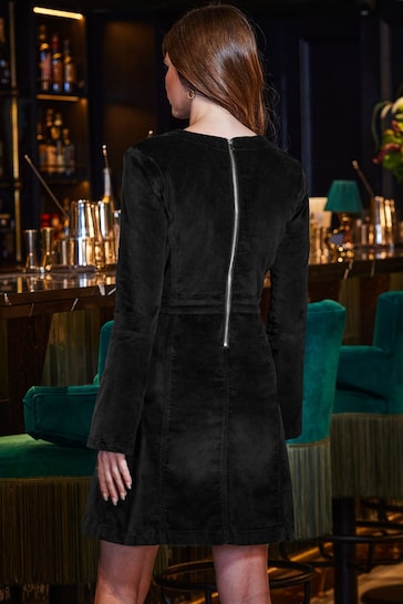 Sosandar Black Velvet Fit and Flare Dress With Button Pocket Detail