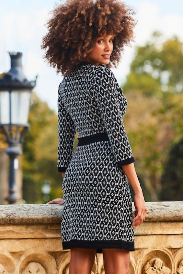 Sosandar Black Geometric Print Jacquard Knitted Dress With Button Pocket Detail