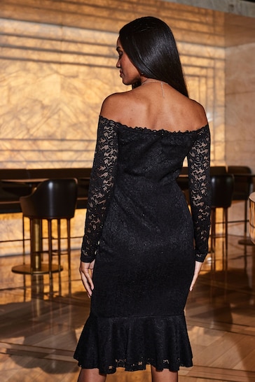 Sosandar Black Lace Peplum Hem Bardot Dress