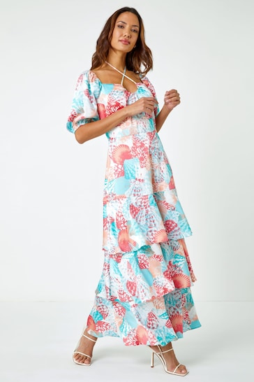 Roman White Floral Puff Sleeve Tiered Frill Maxi Dress