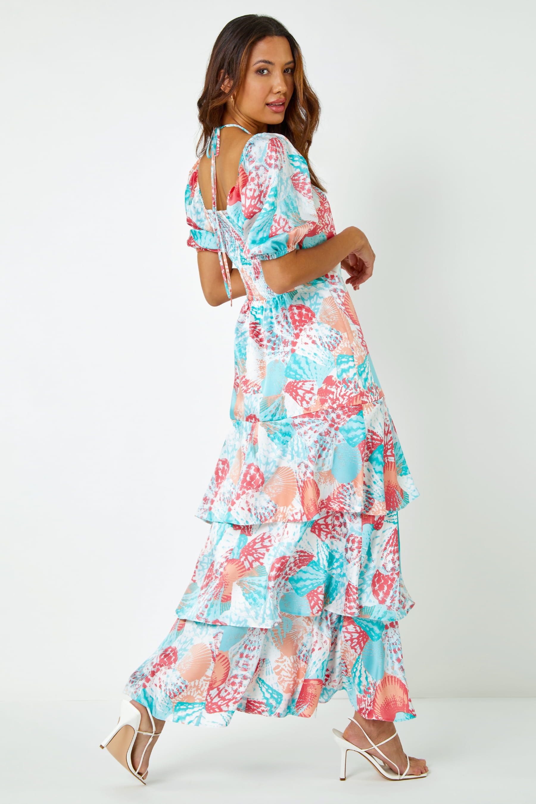Buy Roman White Floral Puff Sleeve Tiered Frill Maxi Dress from