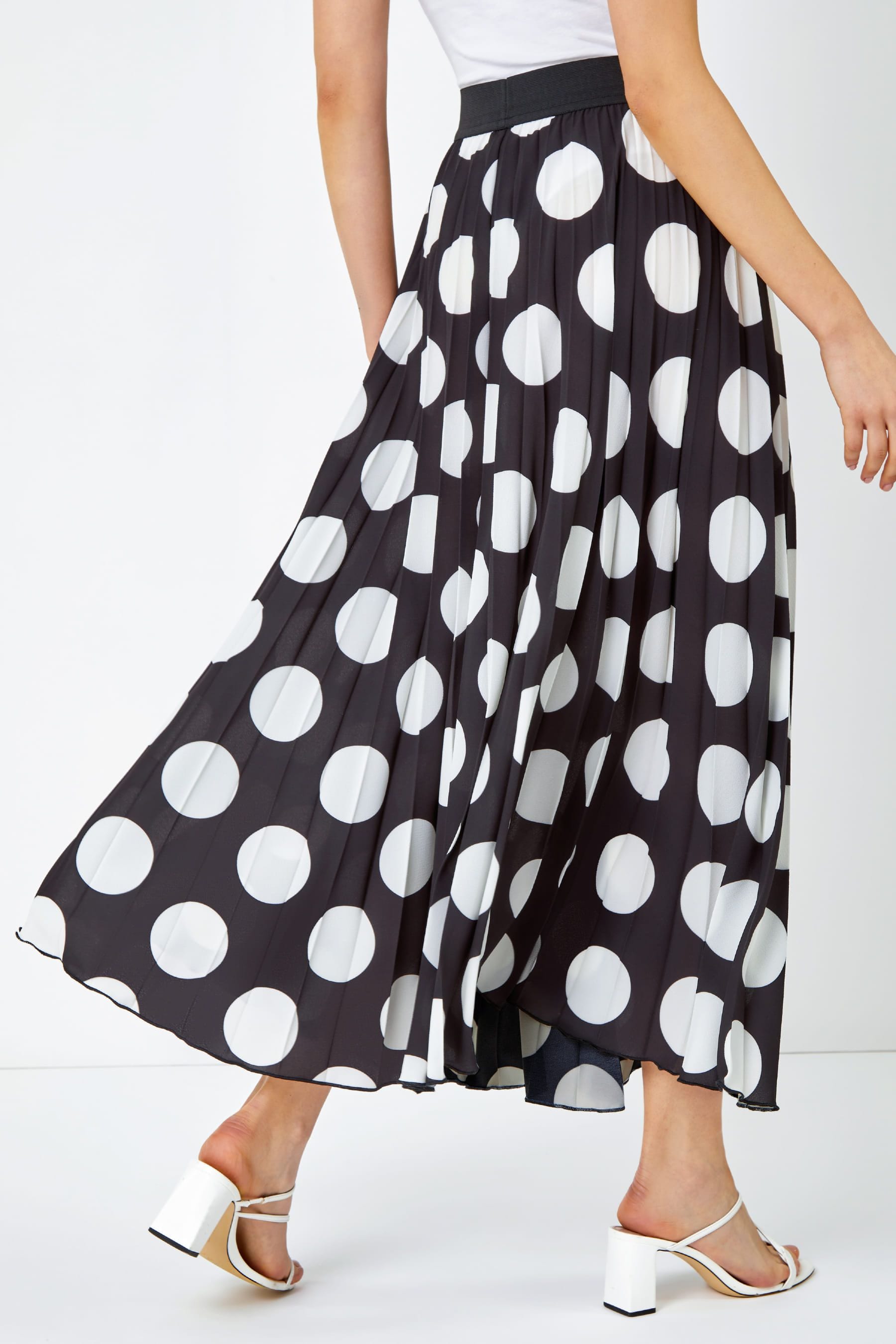 Roman Black Polka Dot Pleated Midi Skirt