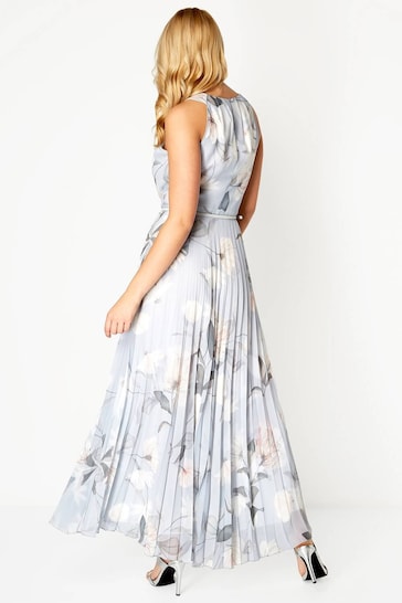 Roman Grey Lace Top Overlay Pleated Midi Dress