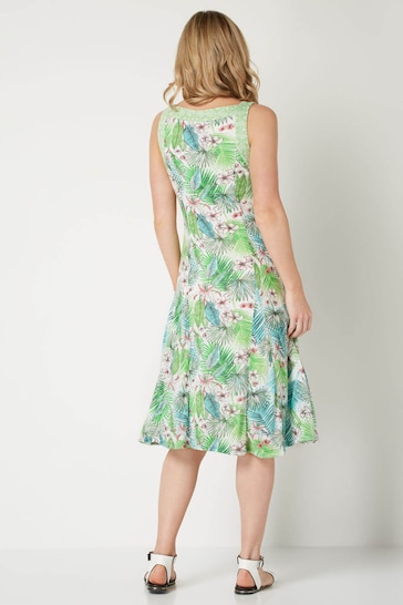 Roman Green Tropical Print Fit And Flare Dress