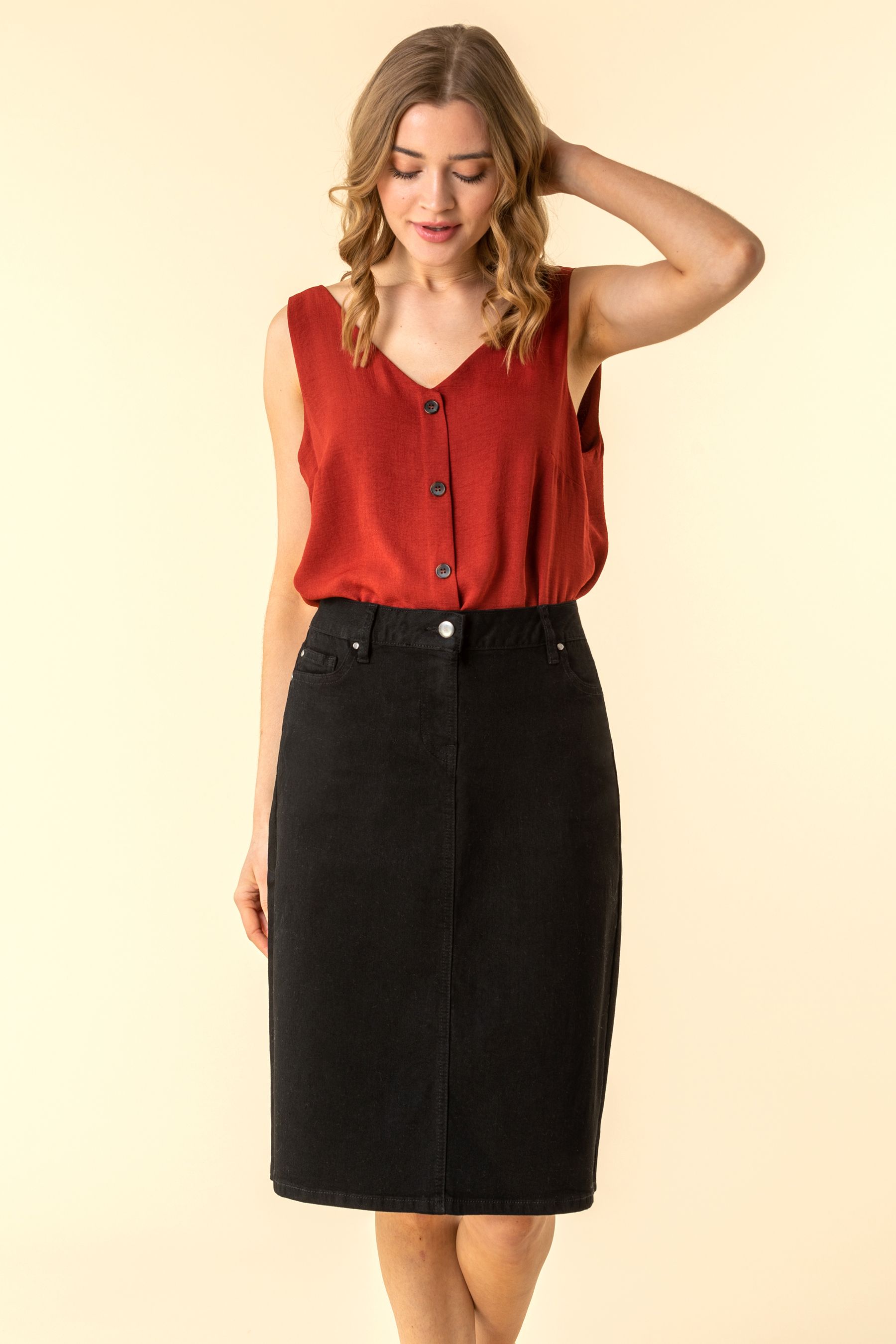 Black denim skirt with red stripe 2025