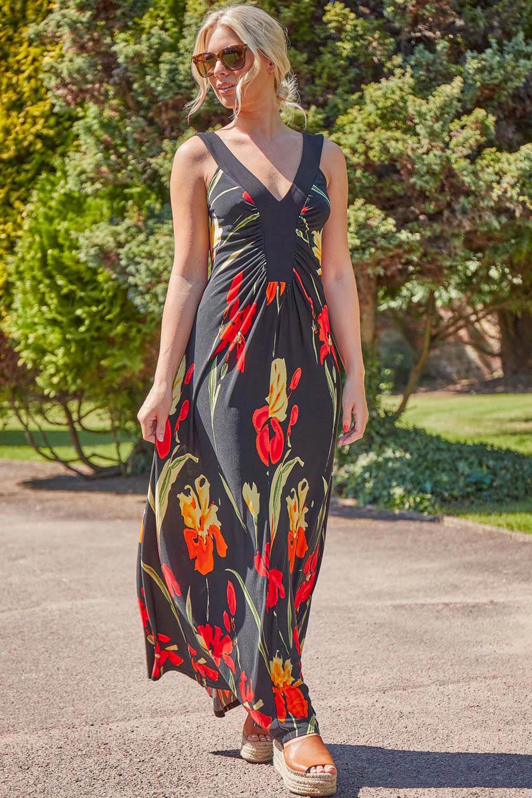 Buy Roman Black Floral Contrast Band Maxi Dress from the Next UK