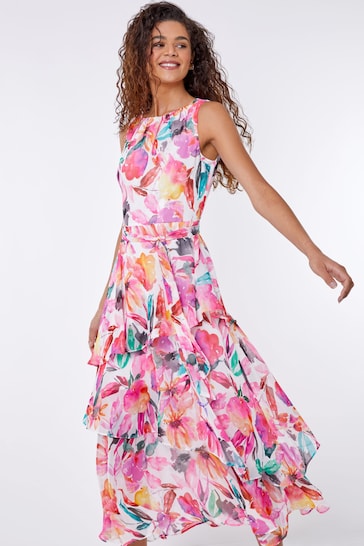 Roman Pink Floral Print Frill Midi Dress