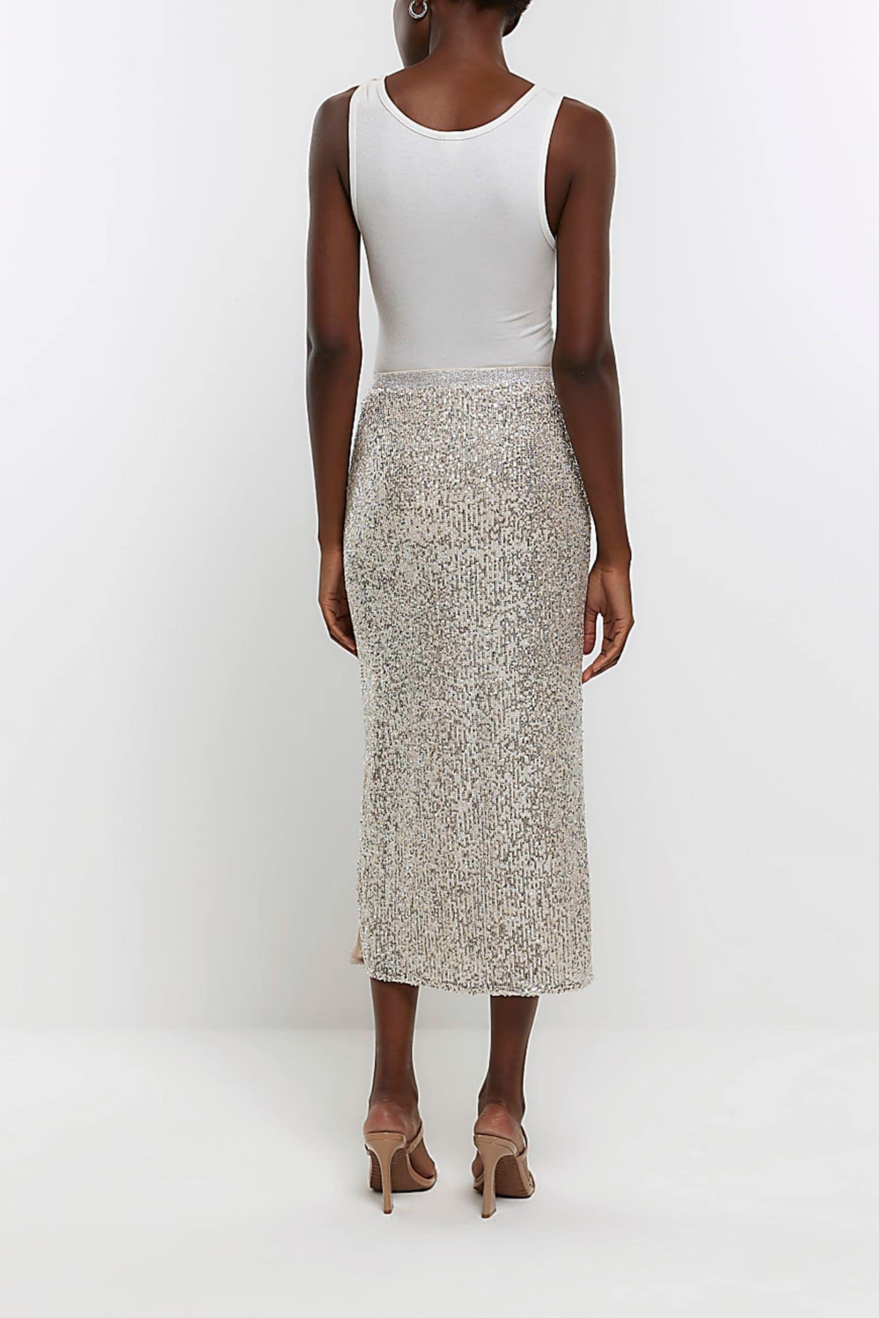Silver sequin midi skirt river island on sale