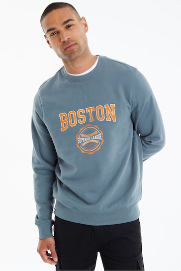 Threadbare Blue Boston Graphic Crew Neck Sweatshirt