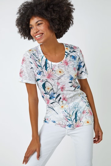 Roman White Embellished Floral Print T-Shirt