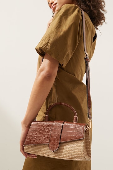 Tan Brown Raffia Cross-Body Bag
