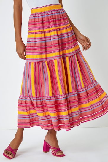 Roman Pink Tiered Striped Maxi Skirt