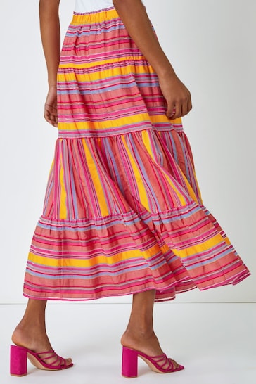 Roman Pink Tiered Striped Maxi Skirt