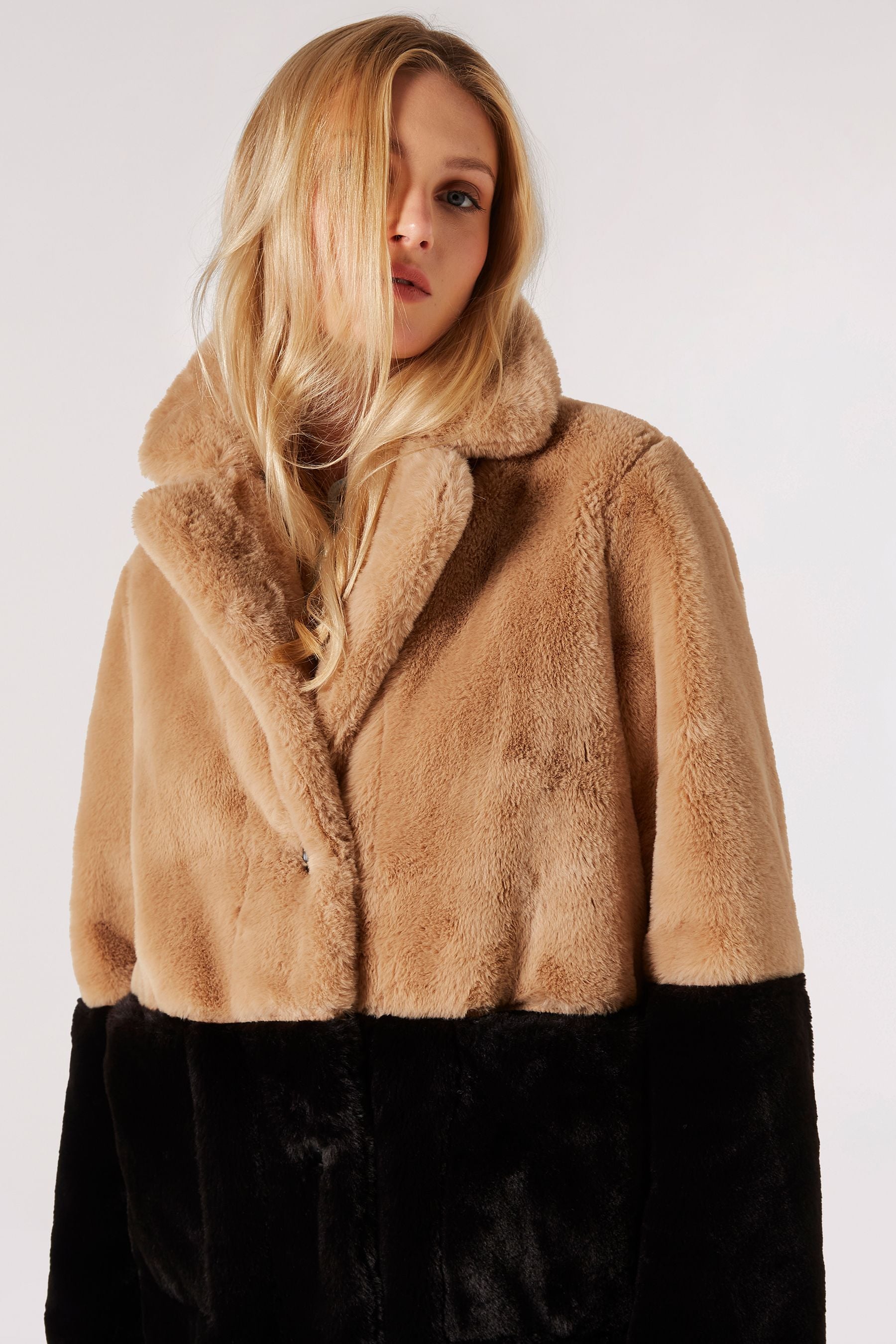 Apricot Brown Two Tone Reversible Suede Faux Fur Coat