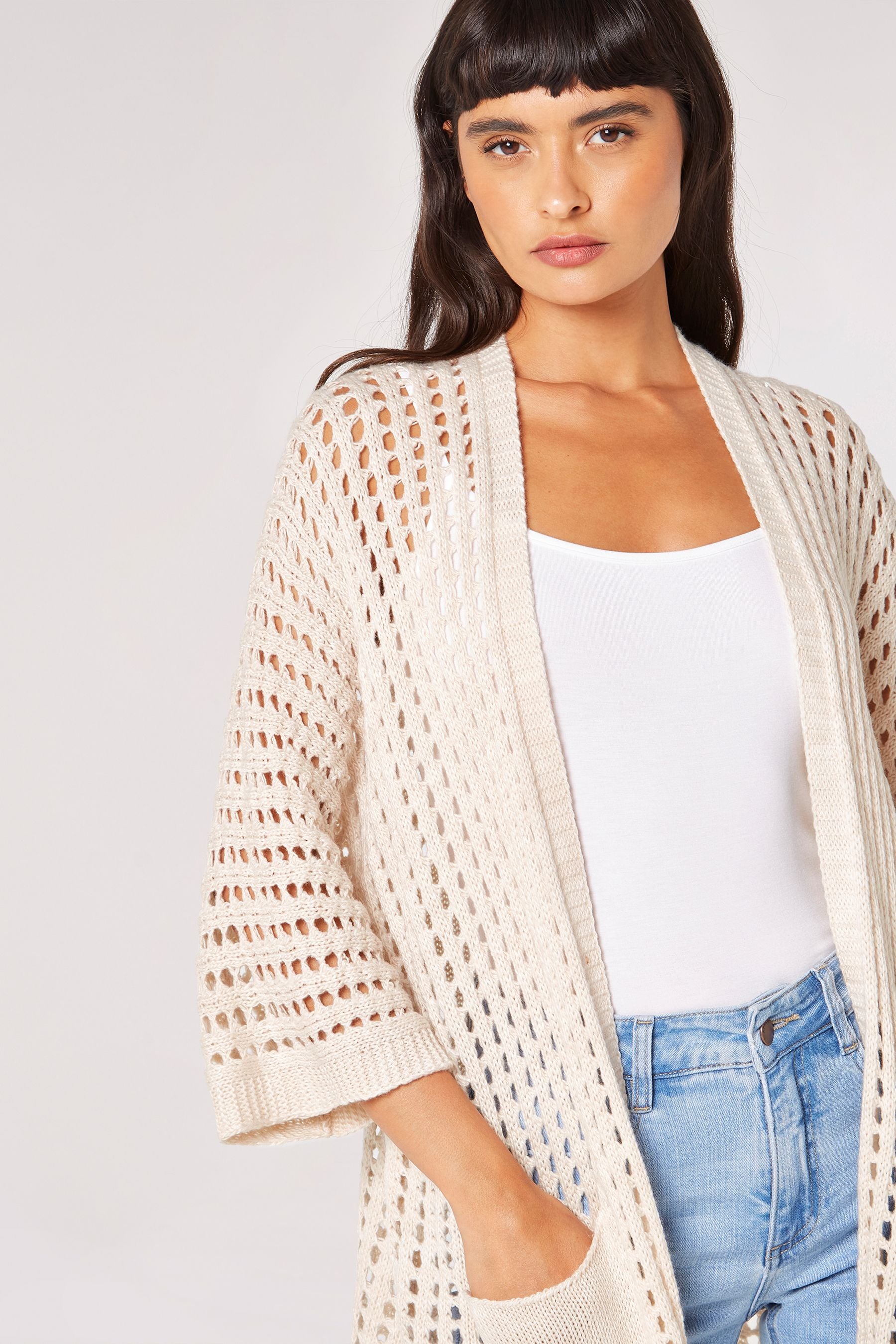 Apricot Off White Star Back Motif Open Knit Cardigan
