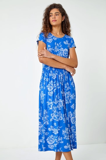 Roman Blue Sky Floral Print Midi Stretch Dress