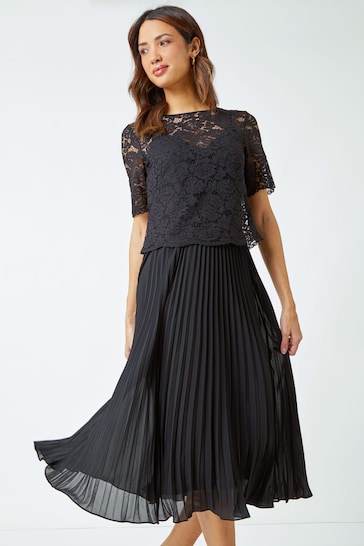 Roman Black Lace Top Overlay Pleated Midi Dress