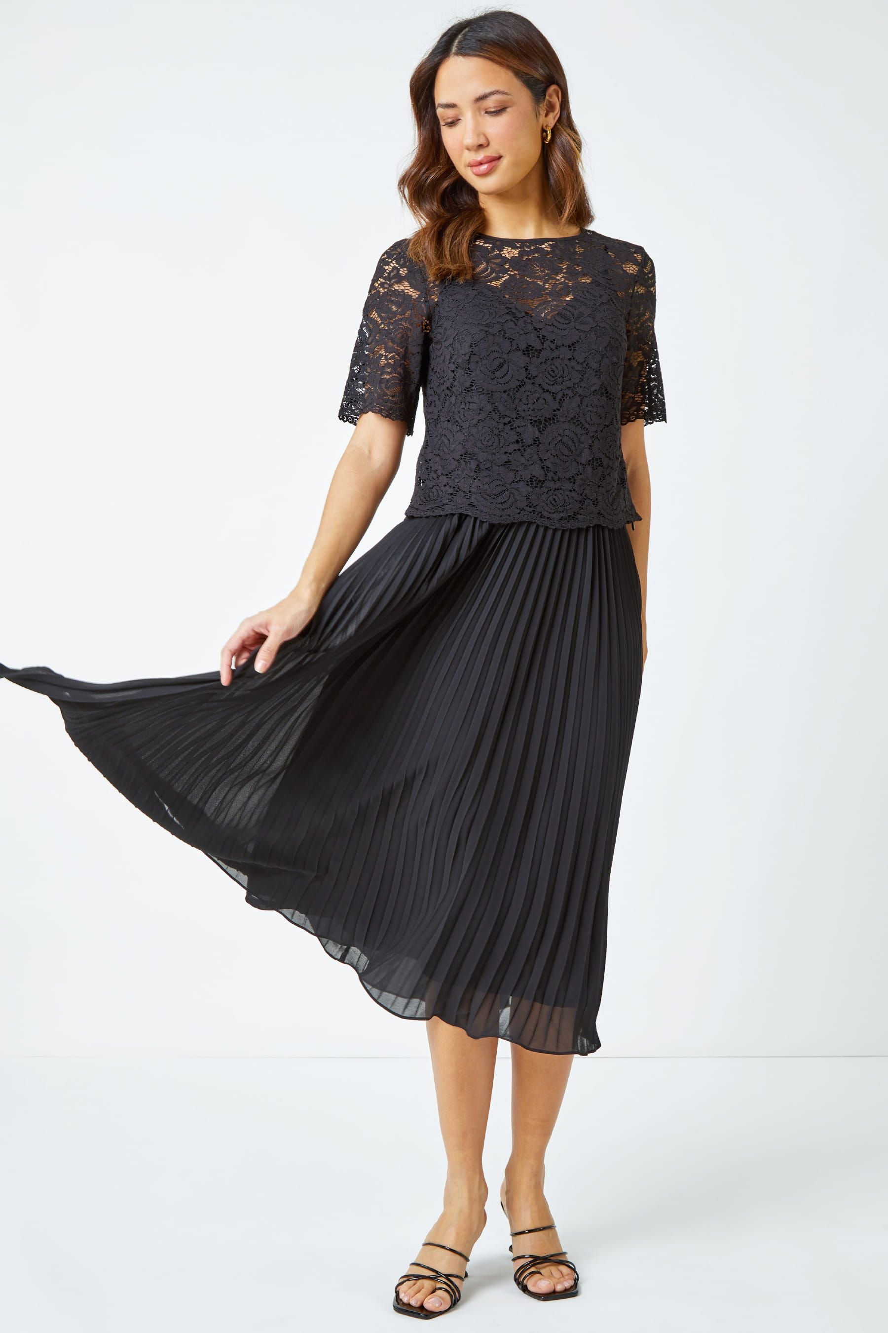 Black pleated skirt lace top cheap