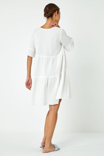 Roman White Textured Tiered Smock Dress