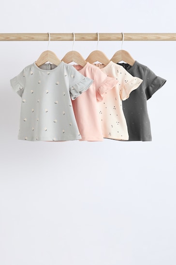 Grey/ Pink Flower Print Baby Short Sleeve Top 4 Pack