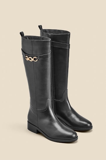 Sosandar Black Leather Flat Knee High Boots With Metal Trim