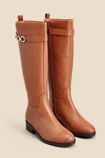 Sosandar Brown Leather Flat Knee High Boots With Metal Trim