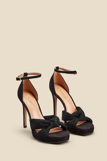 Sosandar Black Nubuck Leather Knot Detail Platform Heels Sandals