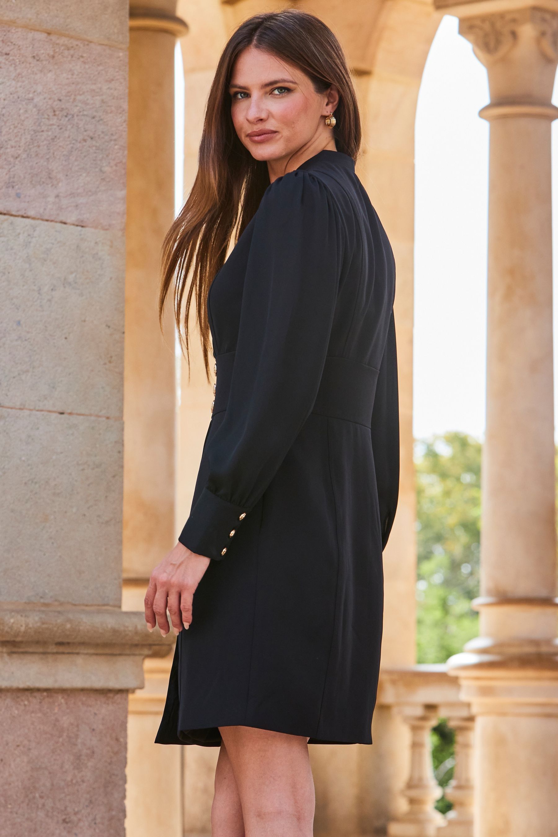 Sosandar Black Faux Fur Wrap Mesh Sleeve Dress