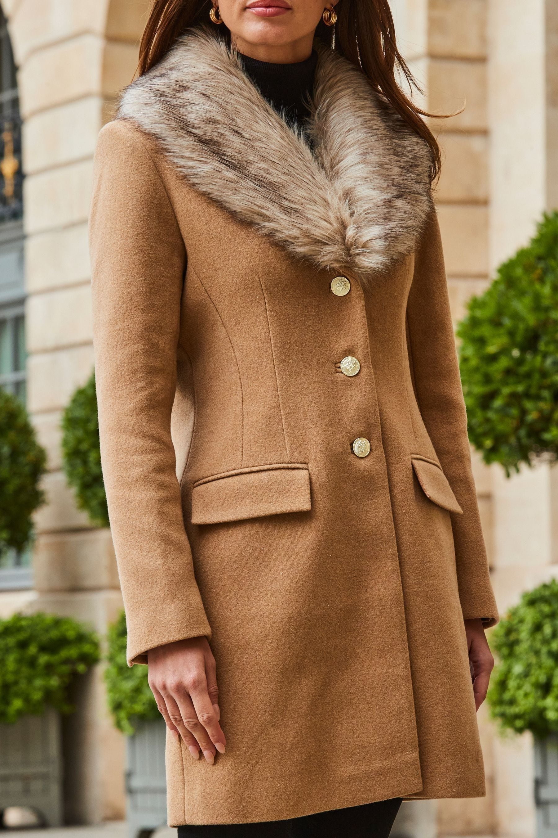 Buy Sosandar Camel Print Faux Fur Collar Coat from the Next UK online shop