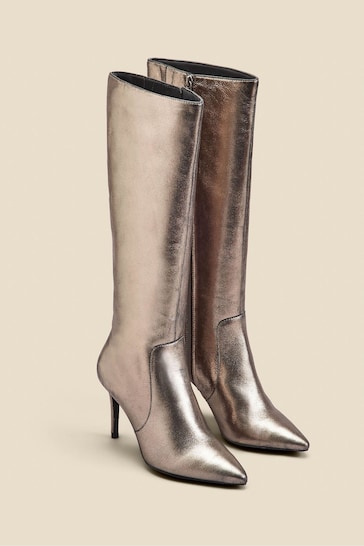 Sosandar Grey Leather Stiletto Heel Knee High Boots