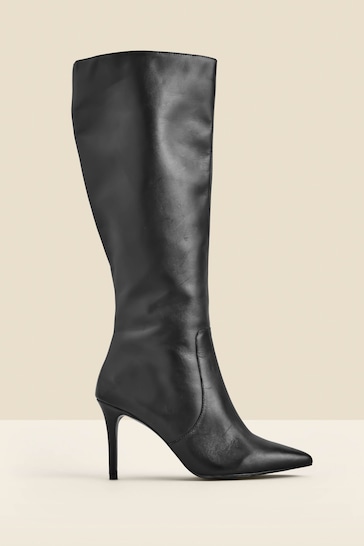 Sosandar Black Leather Stiletto Heel Knee High Boots