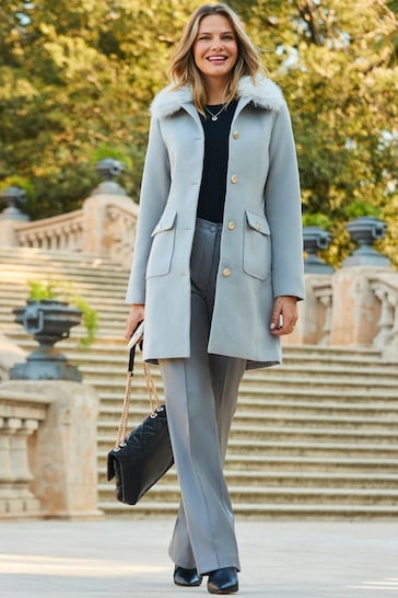 Sosandar Grey Faux Fur Collar Button Front Coat