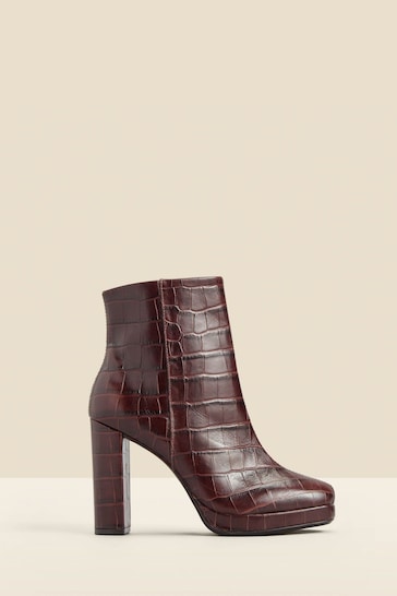 Sosandar Brown Croc Effect Leather Block Heel Platform Ankle Boots