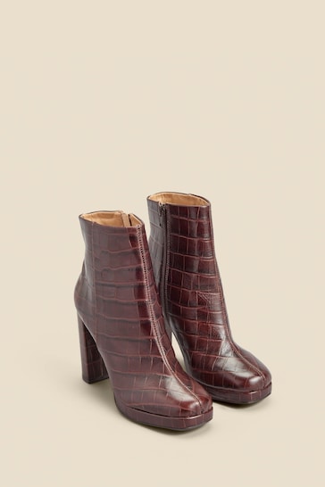 Sosandar Brown Croc Effect Leather Block Heel Platform Ankle Boots