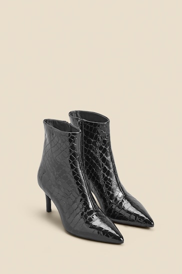 Sosandar Black Croc Effect Leather Mid Heel Ankle Boots