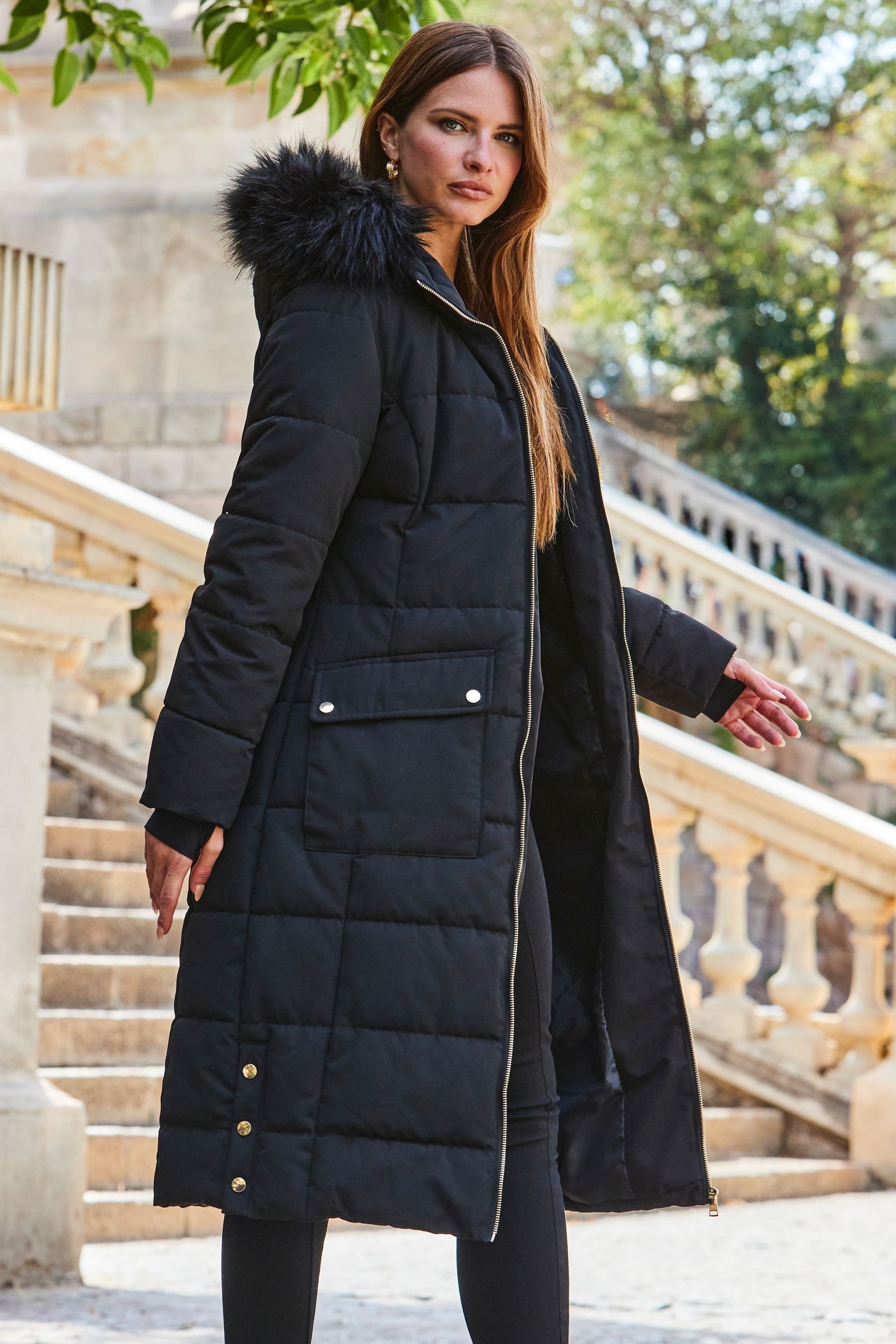 Sosandar Black Longline Padded Coat With Faux Fur Hoodie