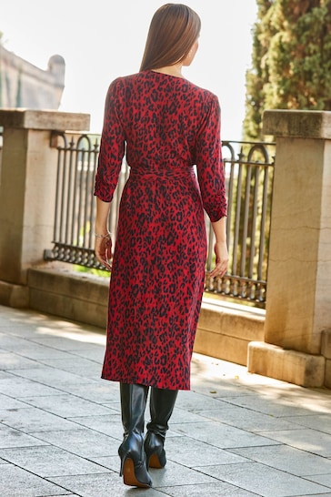 Sosandar Red Ruched Sleeve Midi Wrap Dress