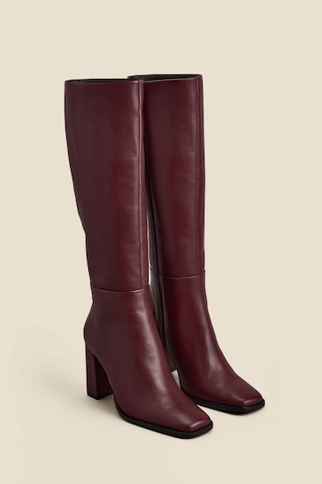 Sosandar Red Leather Square Toe Block Heel Knee High Boots