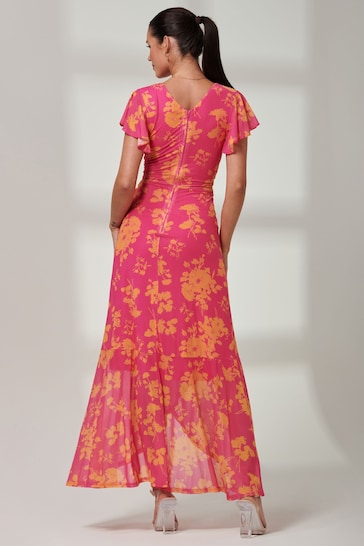 Jolie Moi Pink Floral Gisselle Ruffle Hem Mesh Maxi Dress
