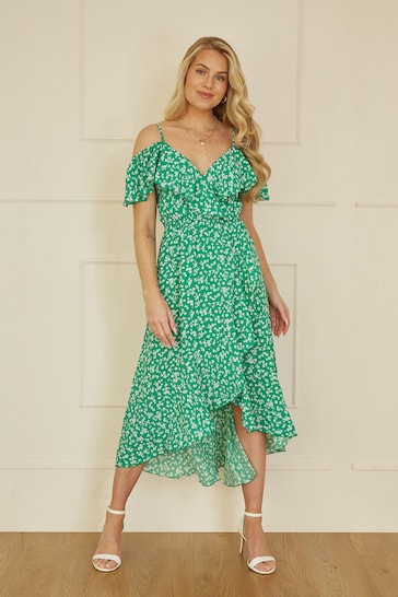 Mela Green Ditsy Print Bardot Midi Dress With Dip Hem