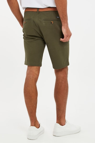 Threadbare Olive Green Cotton Stretch Turn-Up Chino Shorts with Woven Belt