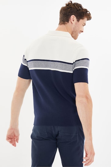 Threadbare Navy Blue & White Cotton Blend 1/4 Zip Knitted Polo Shirt