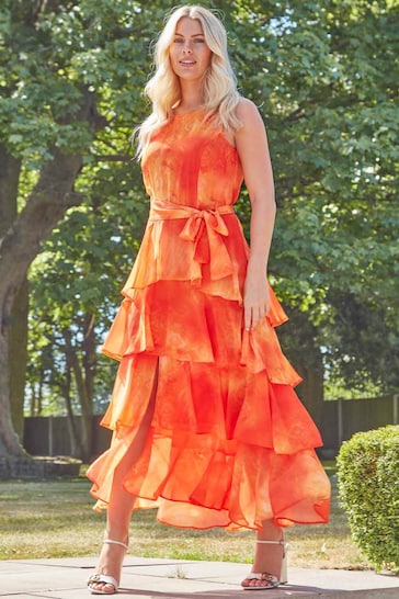 Roman Orange Tie Dye Print Layer Midi Dress