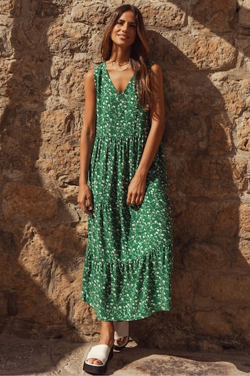 Threadbare Green Sleeveless V-Neck Tiered Midi Dress