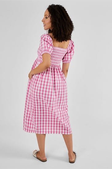 JoJo Maman Bébé Pink Gingham Shirred Maternity Midi Dress