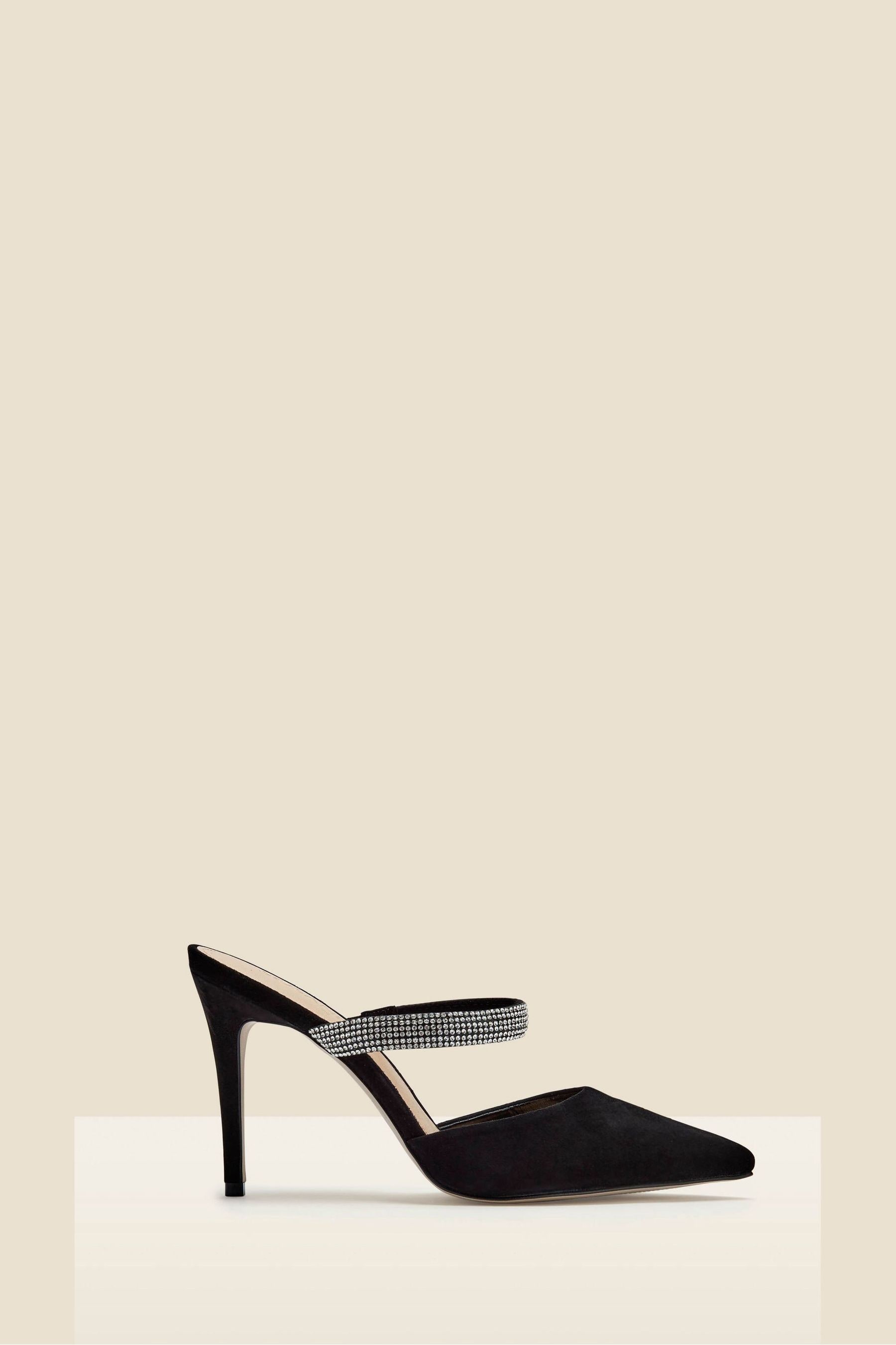 Sosandar Black Black Sofia Suede Diamante Strap Pointed Toe Mules